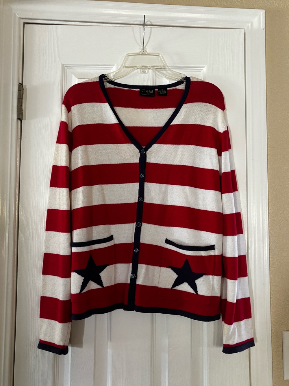 Patriotic Red and White Striped V-Neck Cardigan with Navy Trim